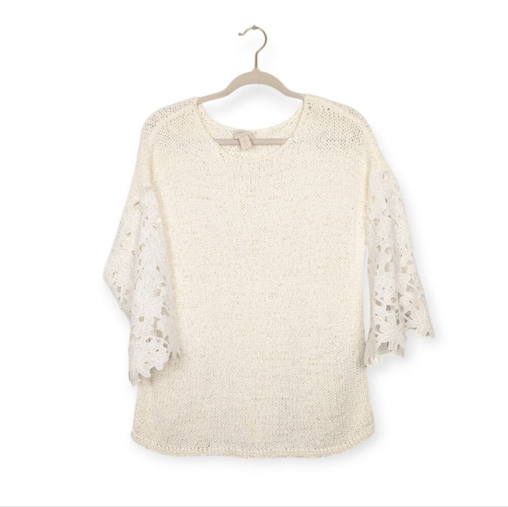 Chico’s Knit Blouse M Off White Lace Sleeve Lightweight Spring Casual Classic